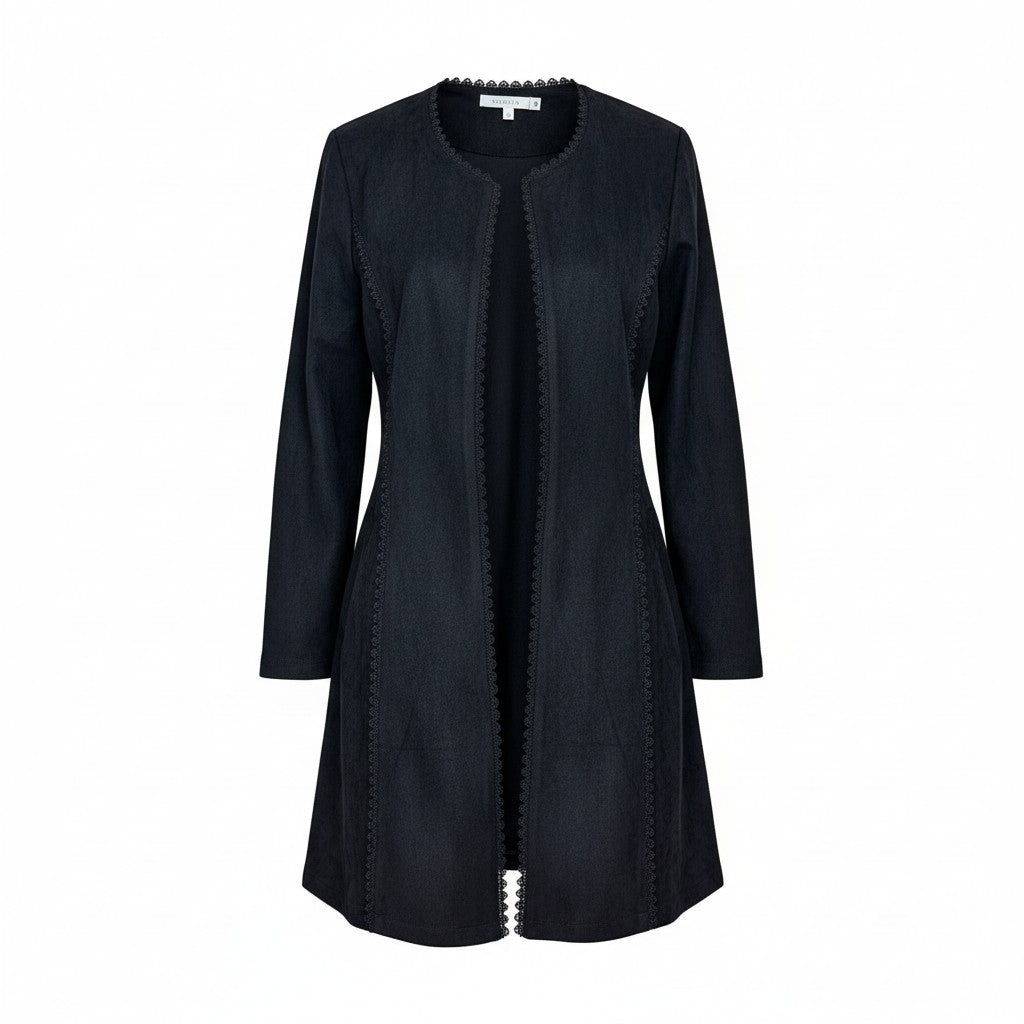 Schwarzer Wildleder-Style Mantel mit Spitzenbesatz