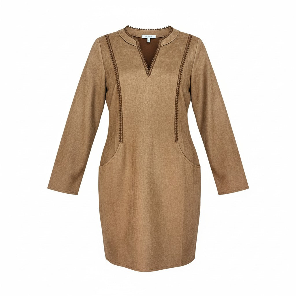 Braunes Wildleder-Style Kleid mit Spitzenbesatz