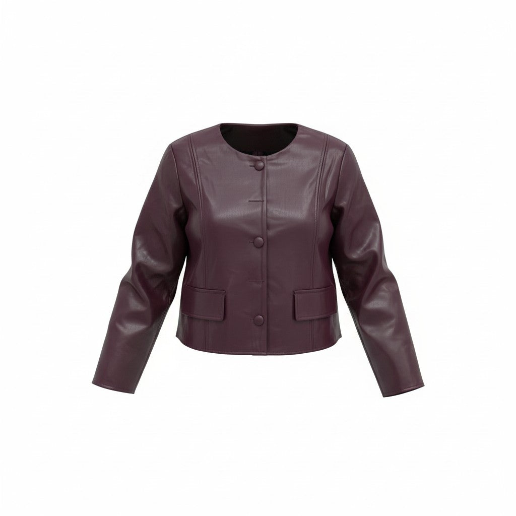 Bordeauxfarbene Kunstleder-Jacke mit Knopfleiste