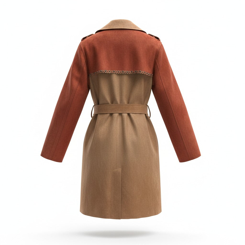 Zweifarbiger Trenchcoat in Beige und Terrakotta mit Bindegürtel