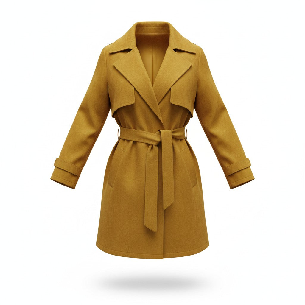 Senffarbener Trenchcoat mit Bindegürtel