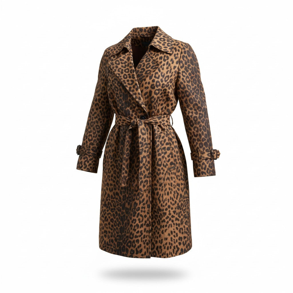 Leopardenmuster Trenchcoat mit Bindegürtel