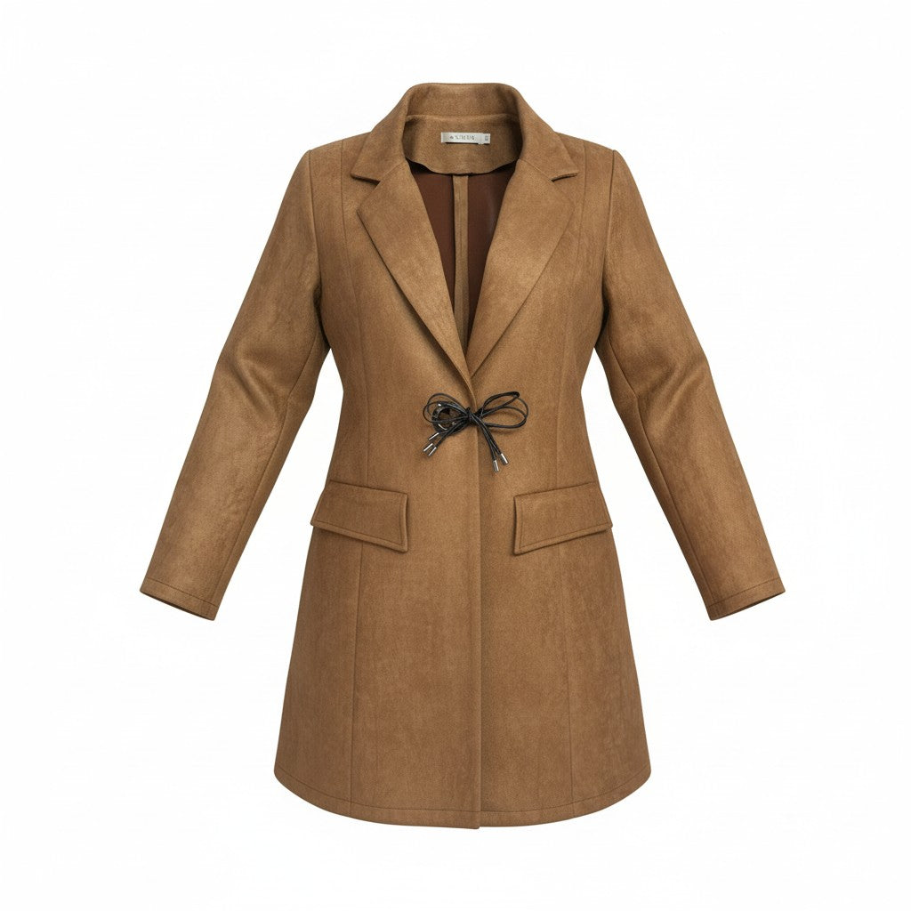 Brauner Blazer-Mantel in Wildlederoptik mit Zierband