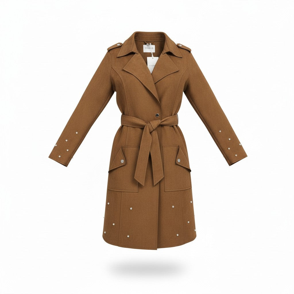 Brauner Trenchcoat mit Nieten-Details und Bindegürtel