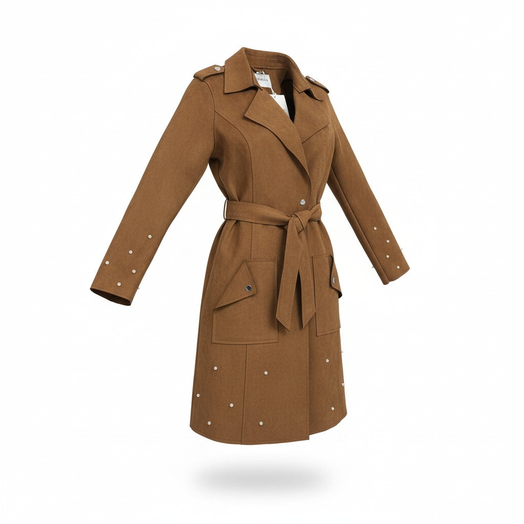 Brauner Trenchcoat mit Nieten-Details und Bindegürtel
