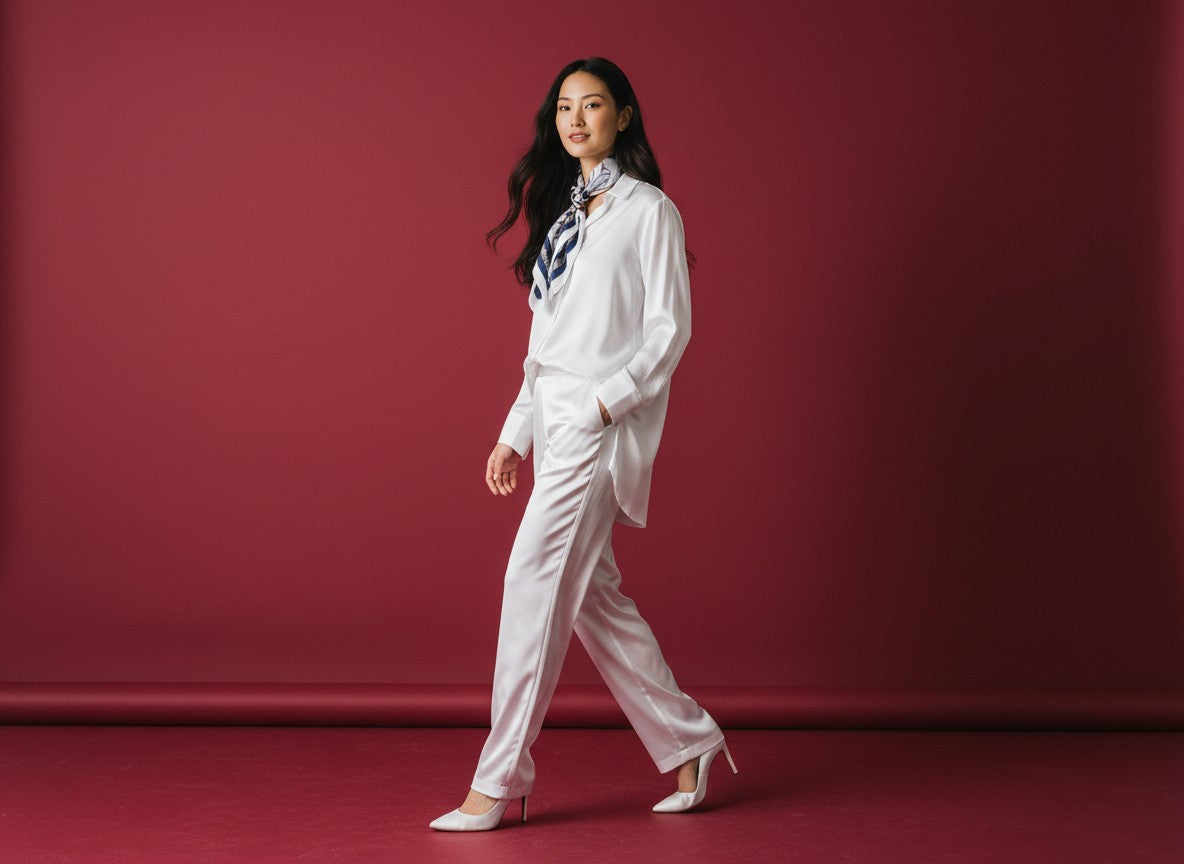 Weiße Satin-Hose mit Bundfalten und elegantem Fall