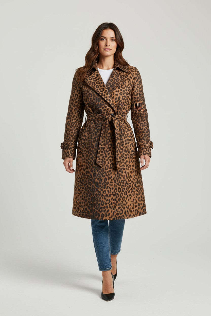 Leopardenmuster Trenchcoat mit Bindegürtel
